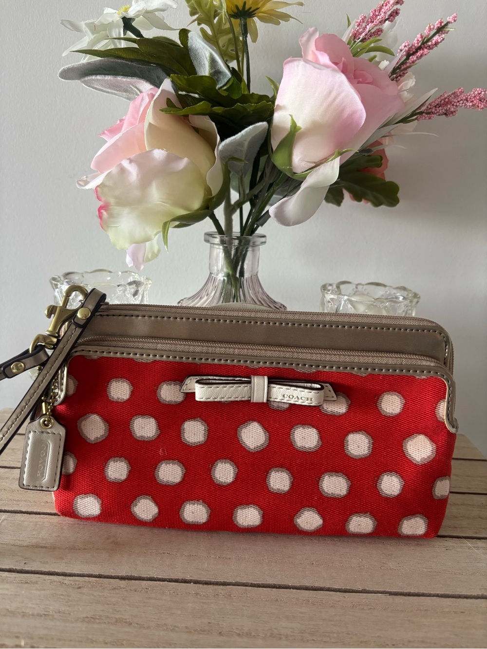 Coach Red Polka Dot Wristlet with Taupe Trim